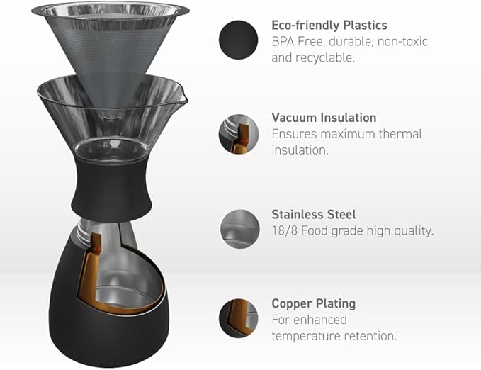 asobu Black Insulated Pour Over Coffee Maker (32 oz.) Double-Wall Vacuum, Stainless-Steel Filter, Stays Hot Up to 12 Hours (Black)