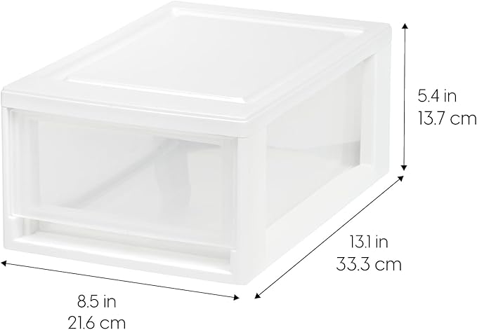 IRIS USA 6 Qt. Small Plastic Stacking Drawer, Stackable Storage Organizer Unit with Sliding Drawer for Bedroom Kitchen Under Sink Pantry Craft Room Dorm Office, White, 4-Pack
