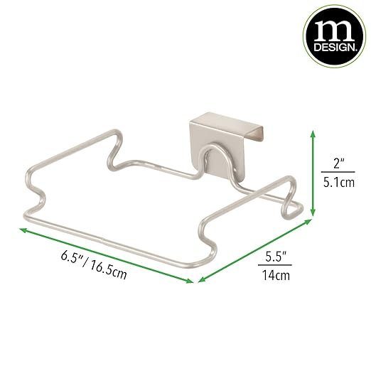 mDesign Over the Cabinet Metal Wire Small Garbage Container, Trash Bag Holder Rack for Recycled Reusable Disposable Plastic Shopping Grocery Bags for Kitchen, Pantry, Garage, Bathroom - Satin
