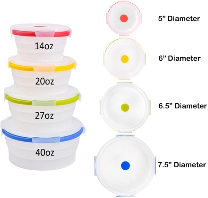 ECOBERI Collapsible Silicone Food Storage Containers, BPA Free, Microwave, Freezer and Dishwasher Safe, Lunch, Meal Prep, Travel, Space-Saving