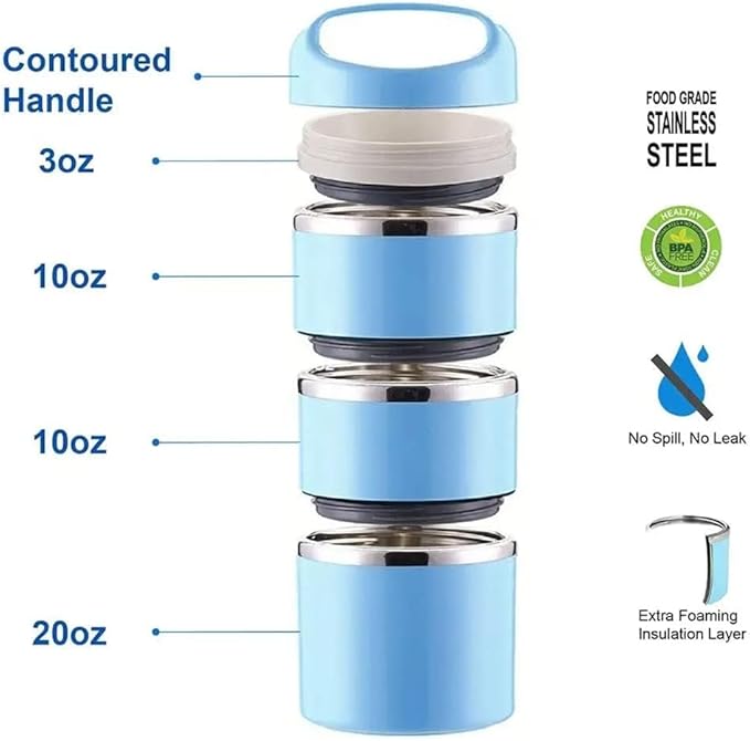 Lille Home Stackable Stainless Steel Thermal Compartment Lunch/Snack Box, 3-Tier Insulated Bento/Food Container with Lunch Bag, Utensils Set and Three Extra Seals, 43OZ (Blue)