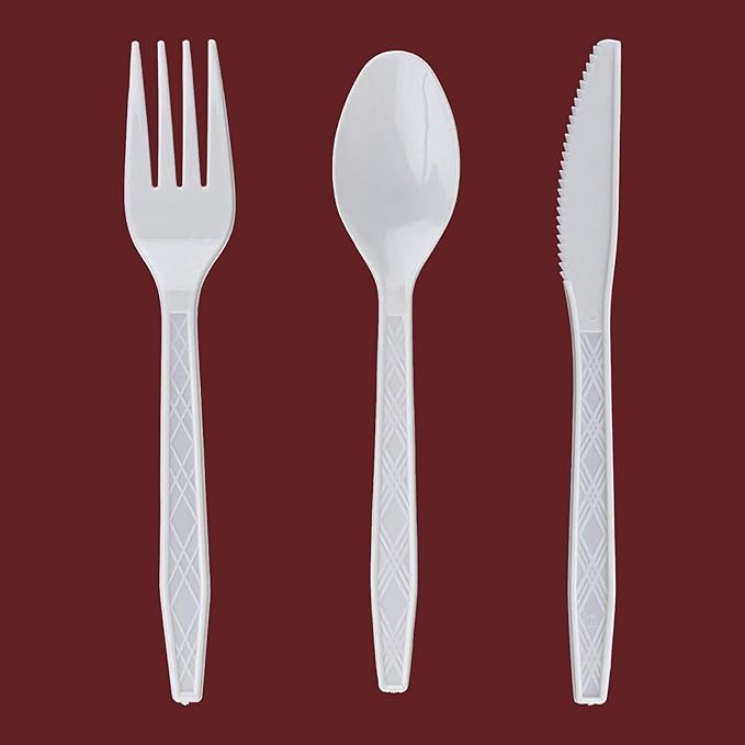 Party Bargains White Plastic Cutlery 360 pcs: 180 Forks, 120 Spoons, 60 Knives. Argyle Design, Heavy Duty & Solid Disposable Silverware Utensils Combo Pack Set for Weddings, Buffets, Luncheons