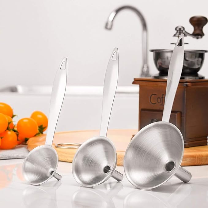 Stainless Steel Funnels, 3 in 1 Metal Kitchen Funnels for Filling Bottle with Handy Handle for Transferring Essential Oils, Liquid, Fluid, Dry Ingredients & Powder, Durable and Dishwash