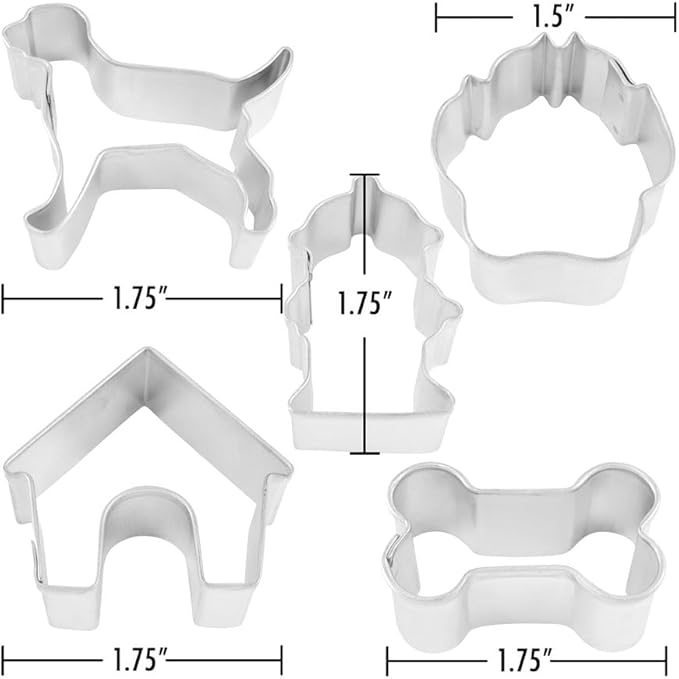 R&M International Mini Dog Cookie Cutters in Storage Tin, Paw, Dog, Fire Hydrant, Bone, House, 5-Piece Set