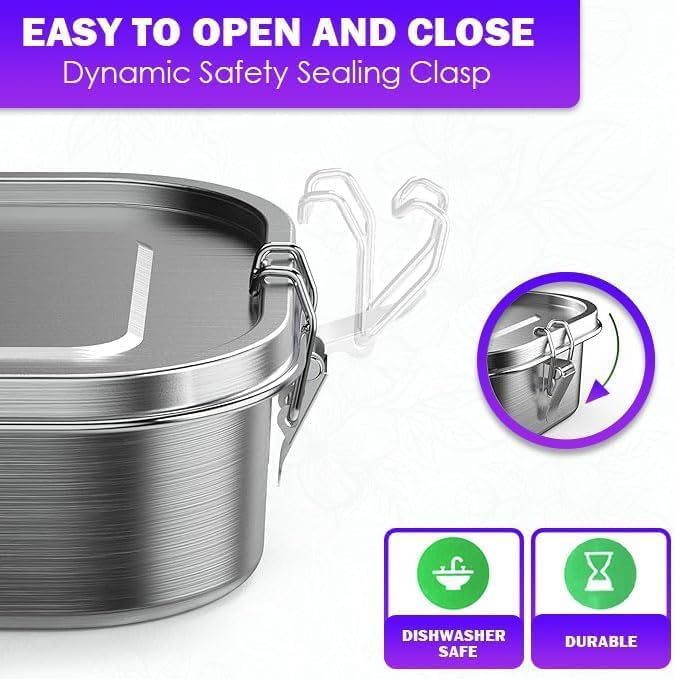 Stainless Steel Bento For Kids and Adults | Steel Lunch Box for School| Leak-Proof Food Containers | Metal Lunchbox for Work | Eco-Friendly| Leak-Proof| ((47 oz) - 3 Fixed Compartment)