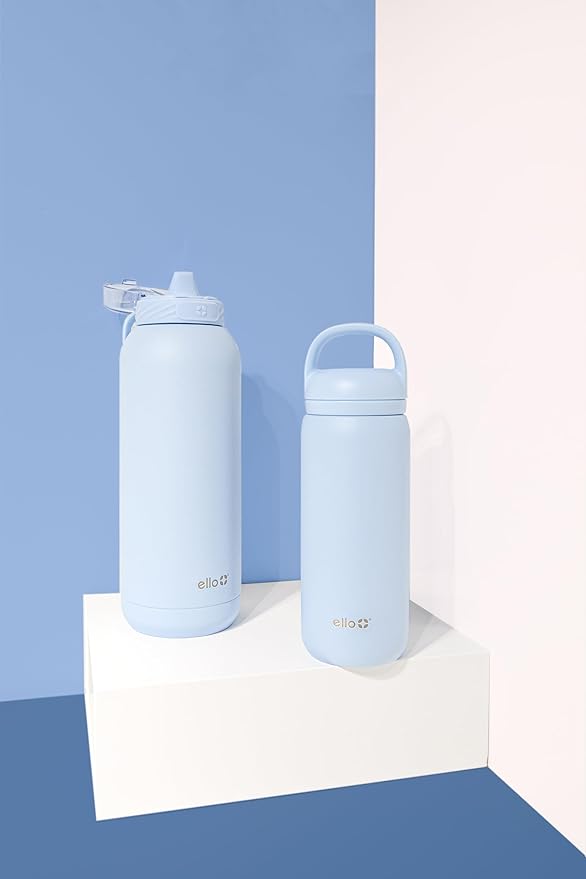 Ello Cooper 22oz Stainless Steel Water Bottle with 2 Lids Chug and Straw | Leak Proof Double Walled and Vacuum Insulated | Fits Car Cupholder | Built in Carry Loop | Dishwasher Safe | Halogen Blue