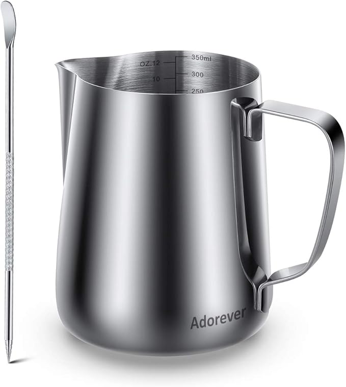Milk Frothing Pitcher, Thicker Version 350ml 12oz Steaming Pitchers Stainless Steel Milk Coffee Cappuccino Latte Art Barista Steam Pitchers Milk Jug Cup with Decorating Pen