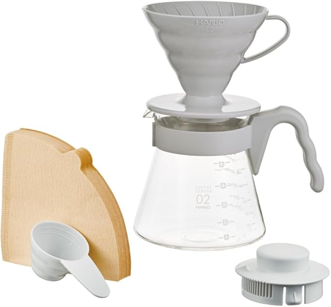Hario V60 Pour Over Starter Set with Dripper, Glass Server, Scoop and Filters, Size 02, Pale Grey