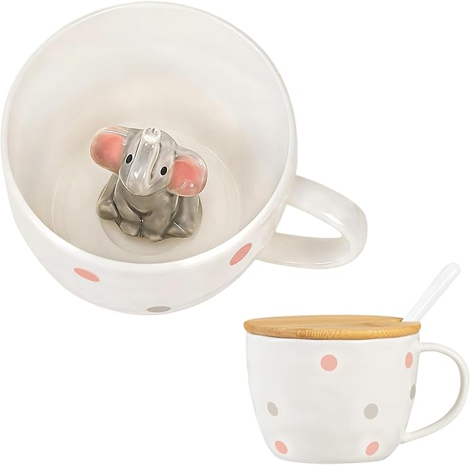 White Elephant Gifts for Adults Cute Elephant Mug with 3D elephant Inside Kawaii Ceramic Coffee Mug Tea Cup with Lid Spoon Friendship Birthday Christmas Gifts for Women Men Sisters Friend Coworkers