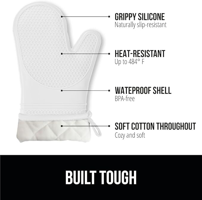 GORILLA GRIP BPA-Free Soft Silicone Oven Mitts, Heat Resistant and Waterproof Cooking Gloves, Thick Cotton Lining, Flexible Gripping for Baking Grilling, Kitchen Potholders Set of 2, 12.5x8.3, White