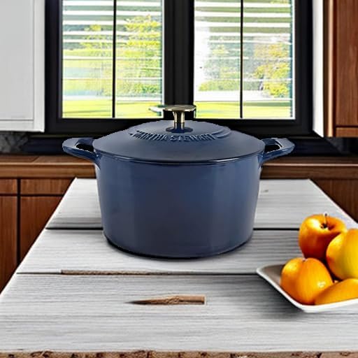 MARTHA STEWART Gatwick 7-Quart Enamel Cast Iron Dutch Oven Pot with Lid – Navy Blue with Gold Knob – Durable Heavy-Duty Dutch Oven for Slow Cooking & Braising