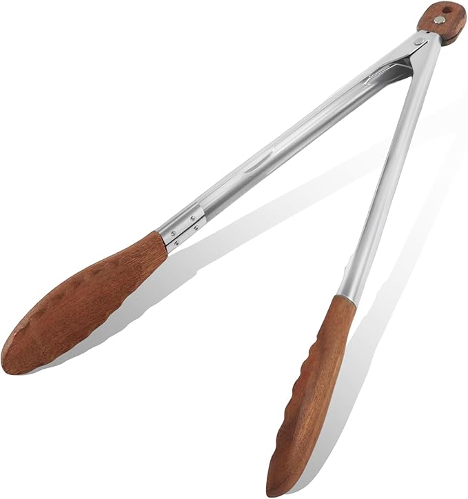 Wooden Tongs for Cooking, Multi-Purpose for Tossing Salads, Grilling, Flipping Food & Serving Bread - Strong Grip Walnut Wood Tips, Heat Resistant & Non-Deforming (12inch)