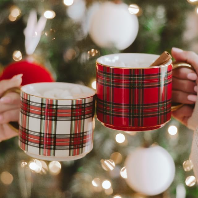 Sweet Water Decor White Plaid Coffee Mug, 14oz China Christmas Mug with Gold Handle, Large Holiday Winter Cup for Coffee, Tea & Hot Chocolate, Stocking Stuffer Gifts for Women
