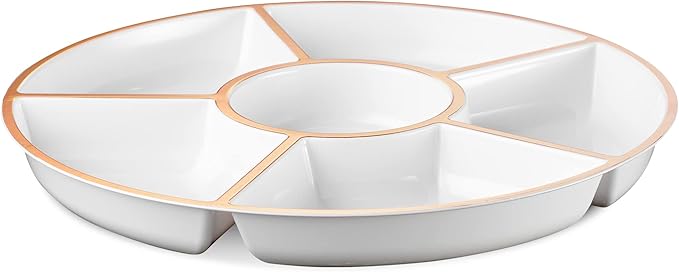 Plasticpro 6 Sectional Round Plastic Serving Tray/Platter (2, White & Rose Gold)