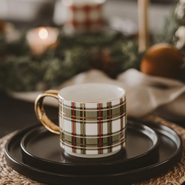 Sweet Water Decor Green Plaid Coffee Mug, 14oz China Christmas Mug with Gold Handle, Large Holiday Winter Cup for Coffee, Tea & Hot Chocolate, Stocking Stuffer Gifts for Women