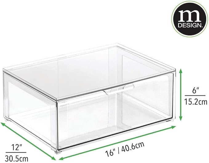 mDesign Plastic Stackable Closet Storage Organizer Bin Containers with Front Pull Drawer for Cabinet, Desk, Shelf, Cupboard, or Dresser Organization - Lumiere Collection - Clear