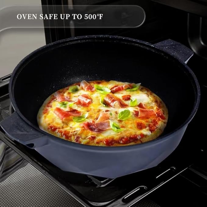 TIBORANG 8 in 1 Multipurpose 11 Inch 5 Quart Heat Indicator Nonstick Deep Frying Pan with Glass Lid, Stay-cool Handle, Steamed Grid, PFOA-Free,Dishwasher&Oven Safe,Works with All Stovetops(Navy Blue)