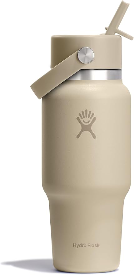 Hydro Flask Travel Water Bottle - Insulated Stainless Steel - Wide Straw Lid, Non Spill, Leakproof in 24 Oz Oat Tan