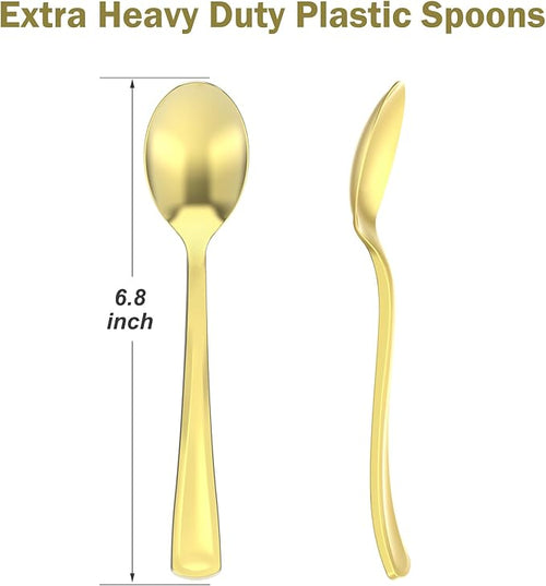 100 Count Heavy Duty Gold Plastic Spoons Disposable, BPA-Free, Heat Resistant, Solid and Durable Premium Plastic Disposable Spoons for Party Supply