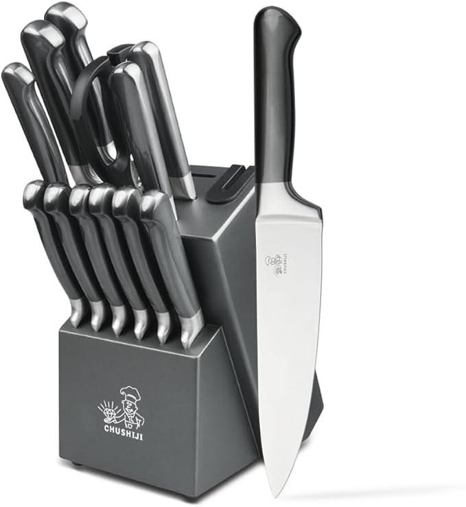 CHUSHIJI knife set with block and Sharpener, 15-Piece Premium Knife Block Set,Anti-slip Handle,Kitchen knife set with Built-in Sharpener,Gift Box Included, Grey