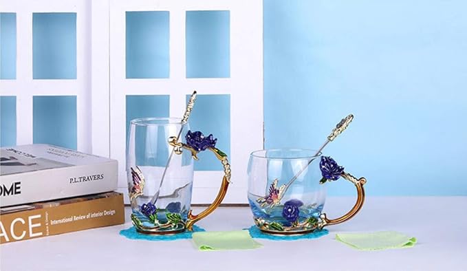 Handicraft Crystal Glass 3D Flower Cups Tea Mug With Tea Spoon Women Coffee, Tea, Juice, Beer, Milk Hot And Cold Drinks Use Gift Package. (Rose Blue Coffee Cup, 11 OZ)