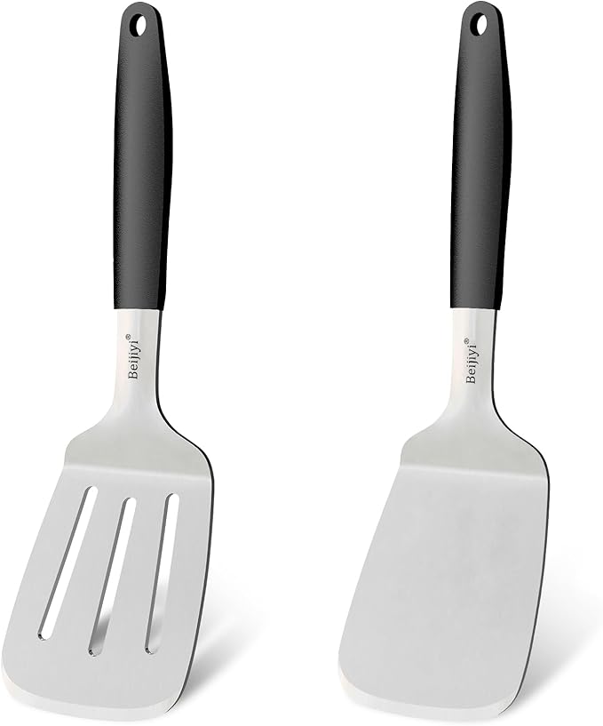 Beijiyi Stainless Steel Spatulas Set, Solid and Slotted Metal Turner Spatula for Cooking Cast Iron Skillet, Kitchen and Griddle Spatula with Full Tang Silicone Handle for Smash Burger, Pancake, Egg