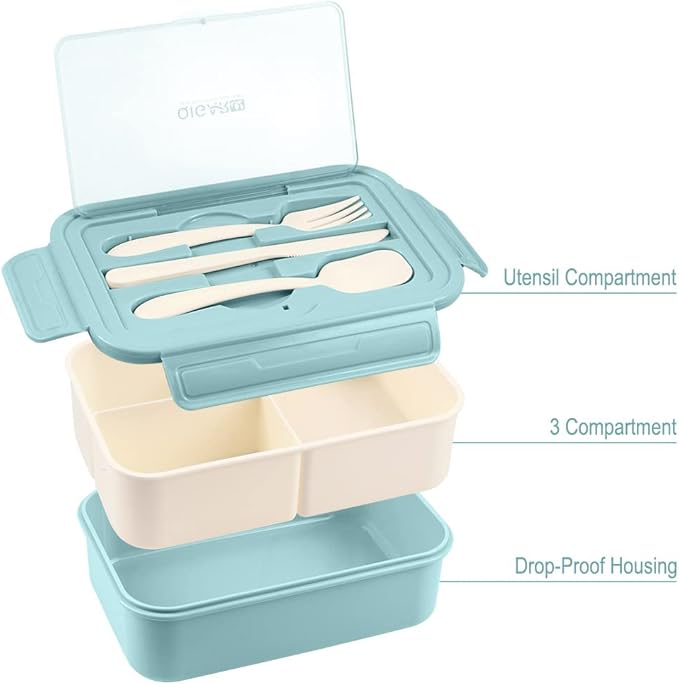 NatraProw Bento Box for Adult, 1400 ML Lunch Containers for Adults, LeakProof Lunch Box with Utensils, BPA Free, 3 Compartment Bento Box Microwave Safe, Light Blue