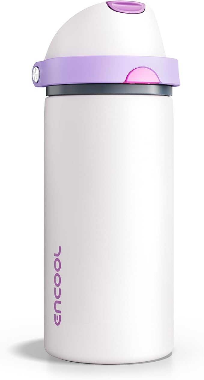 Insulated Water Bottle with Straw - Encool Stainless Steel Water Bottle with Push Button Lid, Leak-Proof & BPA-Free, Keeps Cold for 24 Hours for Sports, Travel, Gym (18 oz, Oyster Pink)