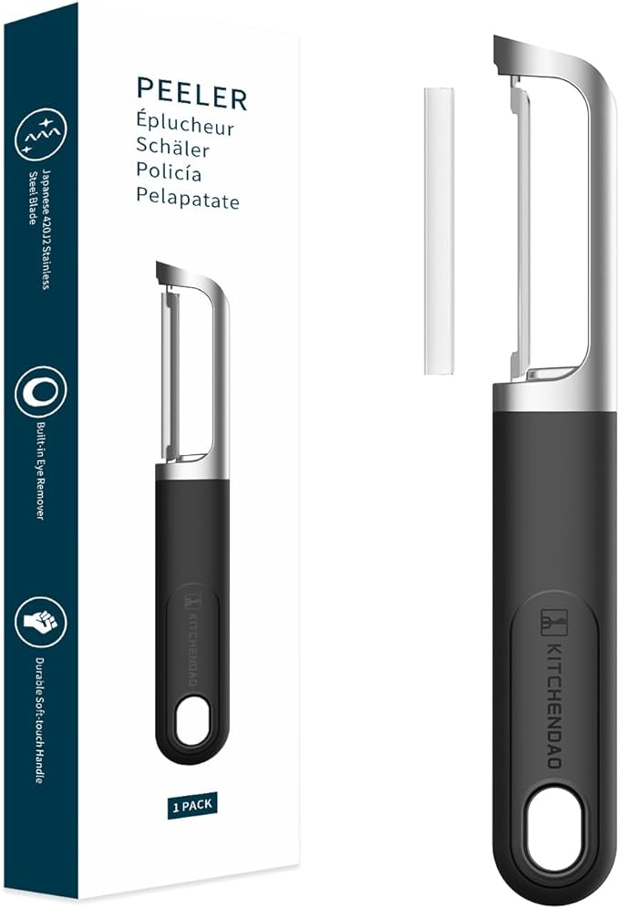 KITCHENDAO Swivel Vegetable Potato Peeler for Kitchen -Durable Japanese 420J2 Stainless Steel Sharp Dual Blade- Built-in Eye Remover, Ergonomic Soft-Touch Handle - Dishwasher Safe-Black