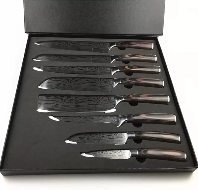 Epicurean Cook Majesty Series 8-Piece Premium Japanese Kitchen Knife Set - Ultra Sharp Laser Damascus Pattern - Professional Chef Hibachi Knives - Juego de Cuchillos para Cocina Profesional