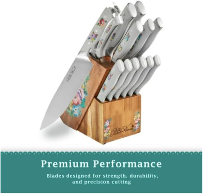 Pioneer Woman 14-Piece Stainless Steel Knife Block Set, Forged High-Alloy Blades, Full-Tang Handles, Acacia Wood Gray Floral