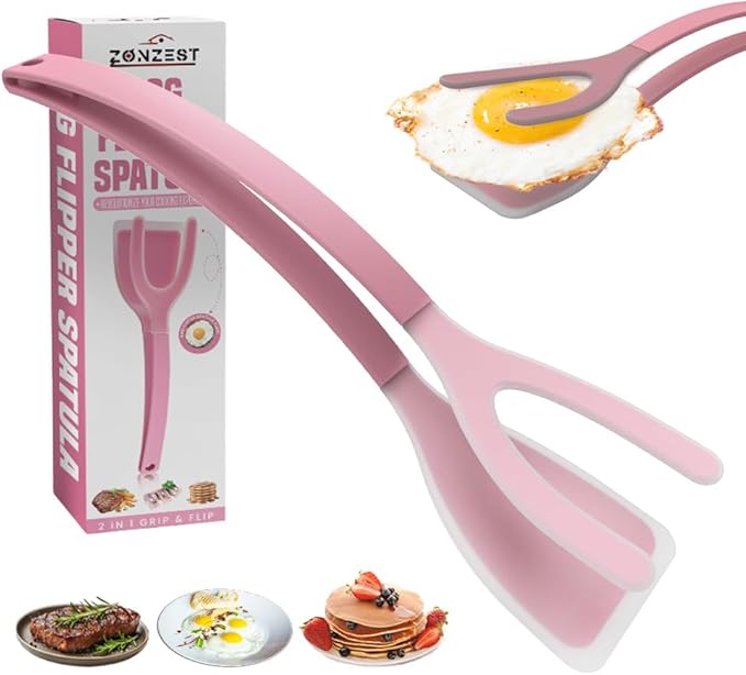 Silicone Egg Flipper Spatula Tongs (Set of 1) – Non-Stick 2-in-1 Grip & Flip Kitchen Tongs for Pancakes, Fish, Eggs, and More – Heat Resistant Cooking Tool (Pink)