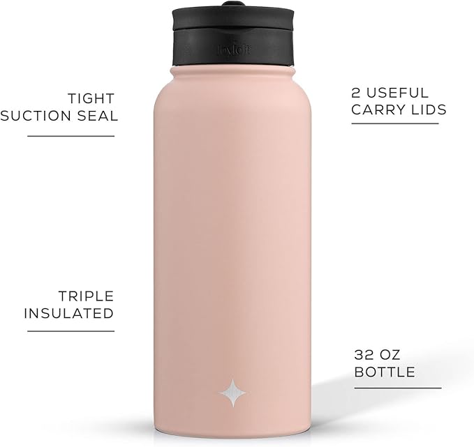 JoyJolt Triple Insulated Water Bottle with Straw Lid AND Flip Lid! 32oz, 12 Hour Hot/Cold Vacuum Insulated Stainless Steel Large Bottle. BPA-Free Leakproof Thermos Water Bottles