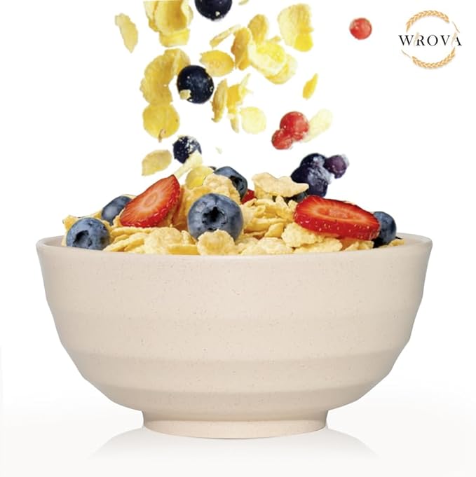 Wrova Wheat Straw Bowls Set 60 OZ, Unbreakable Large Beige Bowls Set of 6, Microwave & Dishwasher Safe Big Cereal Bowl for Picnic and Party BPA Free Salad Bowl for Serving Oatmeal and Popcorn (Beige)