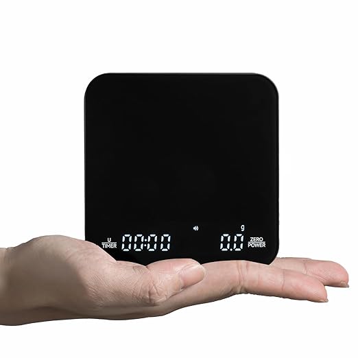 KitchenTour CaféMetric Coffee Scale with Timer 0.1g/2000g - Precision Scale for Espresso & Pour Over - Water Flow Speed Mode and Coffee Powder-to-Liquid Ratio Mode - Rechargeable, LCD Display - Black