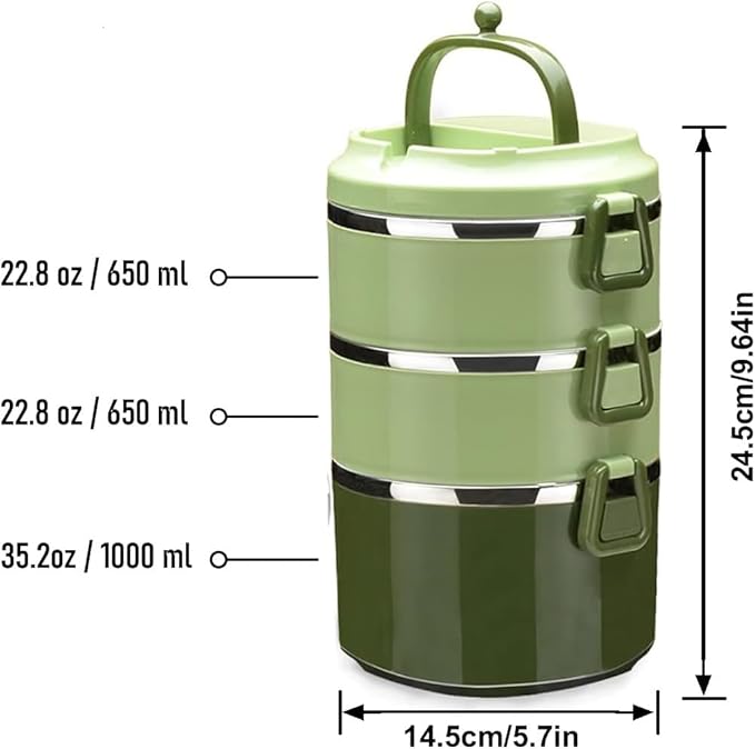 SANQIAHOME 3 Tier Stackable Stainless Steel Lunch Box Sealed(green, 3 layers) with spoon and fork