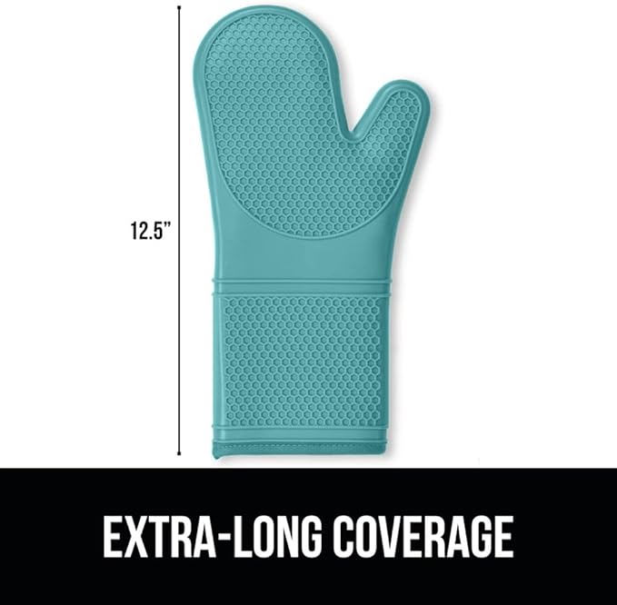 GORILLA GRIP BPA-Free Soft Silicone Oven Mitts, Heat Resistant and Waterproof Cooking Gloves, Thick Cotton Lining, Flexible Gripping for Baking Grilling, Kitchen Potholders Set, 12.5x8.3, Turquoise