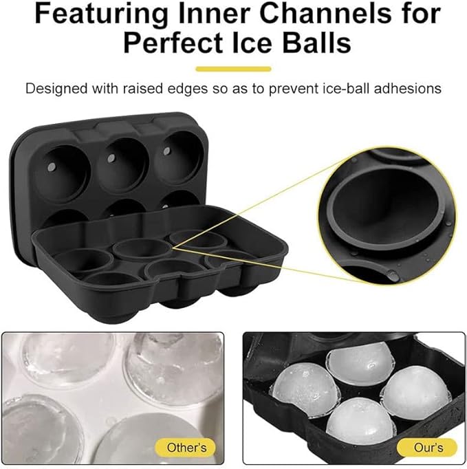 LessMo Ice Cube Trays Ice Ball Maker with Lids 2 Pack, Silicone Sphere Round Ice Mold & Large Square Ice Cube Molds Reusable & BPA Free for Freezer, Whiskey, Chilled Drinks, Black