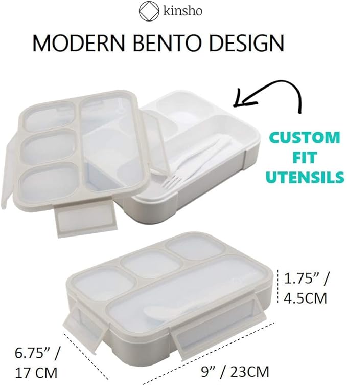 kinsho Bento Lunch Box Container for Kids Adults, Portion Control Meal Prep and Snack Containers, Japanese Style Boxes with 4 Compartments for Boys Girls Teens, School Work and Travel | Grey