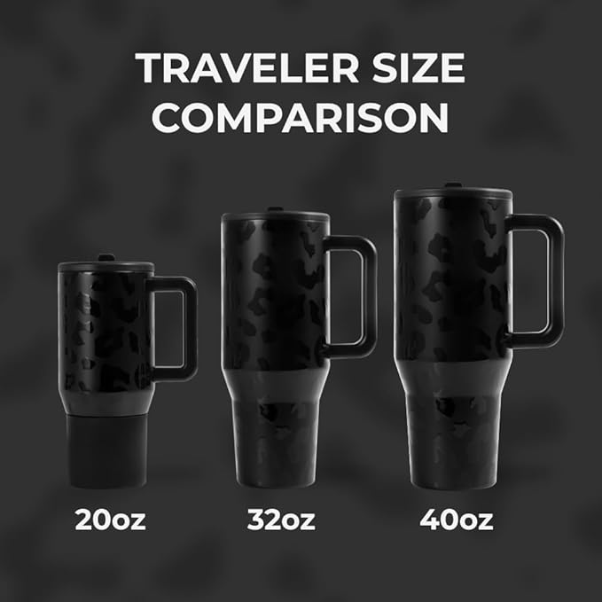 HydroJug Traveler - 32 oz Water Bottle with Handle & Flip Straw - Fits in Cup Holder, Leak Resistant Tumbler-Reusable Insulated Stainless Steel & Rubber Base - Gifts for Women & Men, Black Leopard