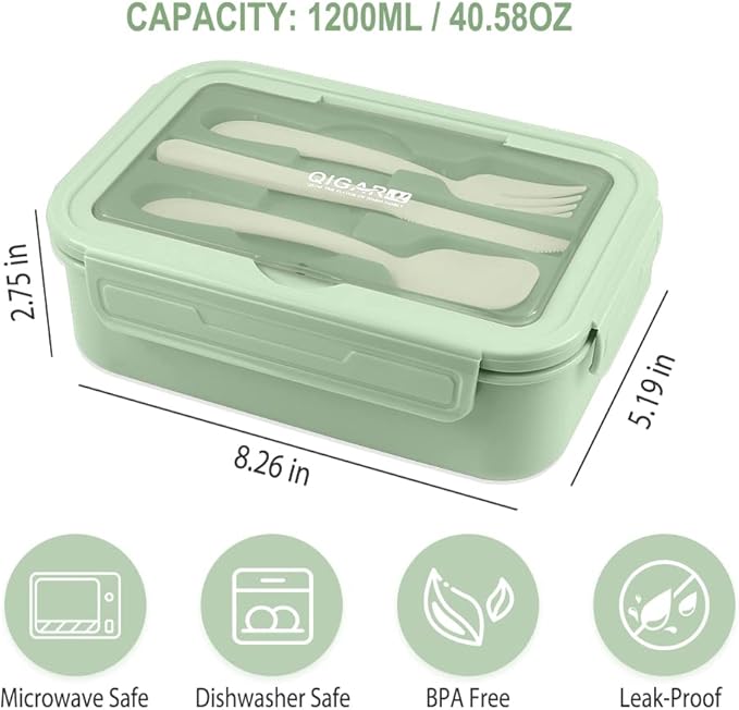 NatraProw Bento Box for Adult, 1400 ML Lunch Containers for Adults, LeakProof Lunch Box with Utensils, BPA Free, 3 Compartment Bento Box Microwave Safe, Light Green