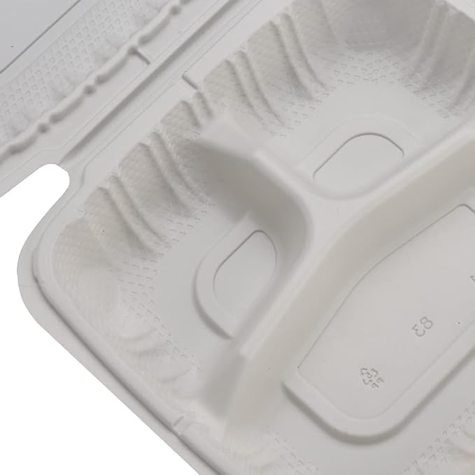TIYA Clamshell Food Containers - White Bulk 150 Pack, 8x8 in - 3-Compartment To-Go Containers - Microwavable Plastic with Hinged Lid - Great for Meal Prep - BPA-Free