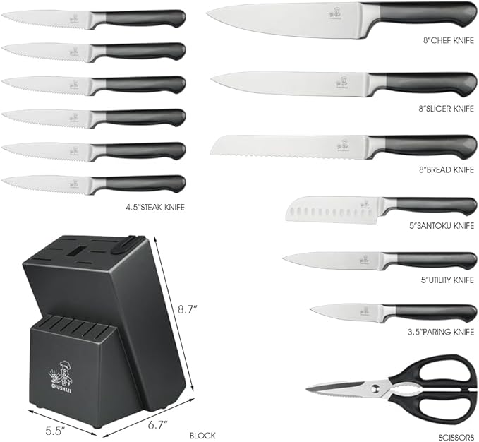 CHUSHIJI knife set with block and Sharpener, 15-Piece Premium Knife Block Set,Anti-slip Handle,Kitchen knife set with Built-in Sharpener,Gift Box Included, Grey