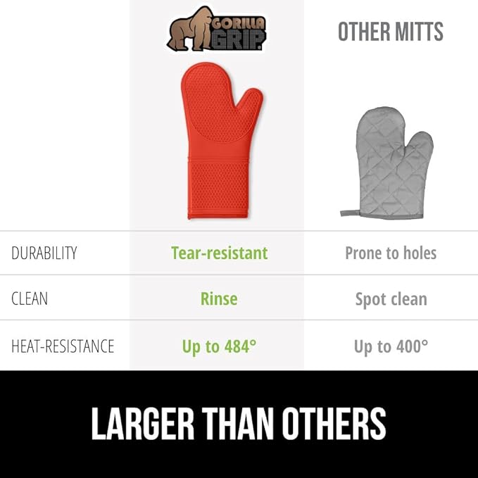 GORILLA GRIP BPA-Free Soft Silicone Oven Mitts, 14.5x8.3, Heat Resistant and Waterproof Cooking Gloves, Thick Cotton Lining, Flexible Gripping for Baking Grilling, Kitchen Potholders Set of 2, Coral