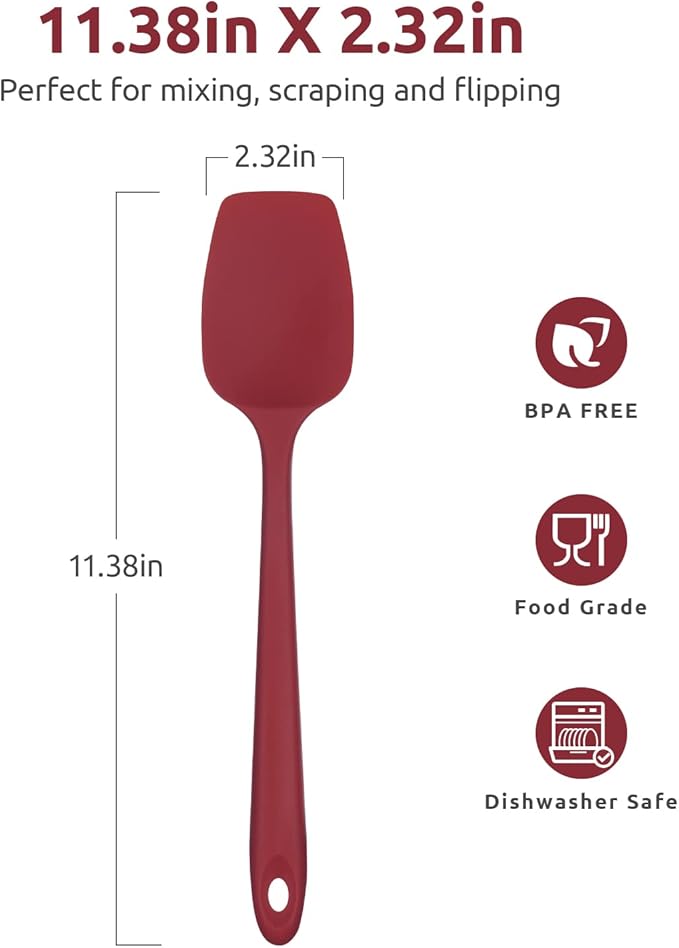 U-Taste Silicone Cooking Spoon Spatula: 480ºF Heat Resistant Food Grade 11.38" Flexible Rubber Kitchen Spoonula, Seamless Pastry Bowl Scraper for Mixing Stirring Scraping in Nonstick Cookware (Red)