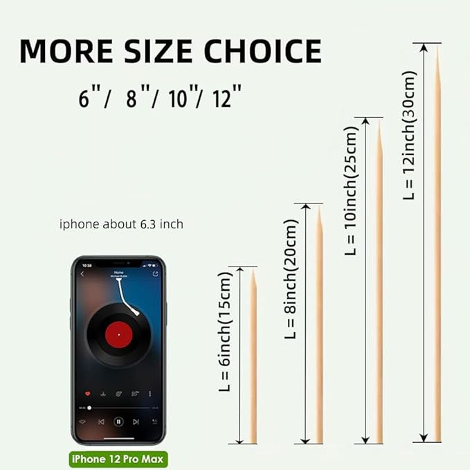 300PCS Bamboo Skewers 8 inch, Wooden Skewers for Appetizers, Kabob Sticks, Fruit, BBQ, Grilling,Chocolate Fountain, Yakitori Chicken