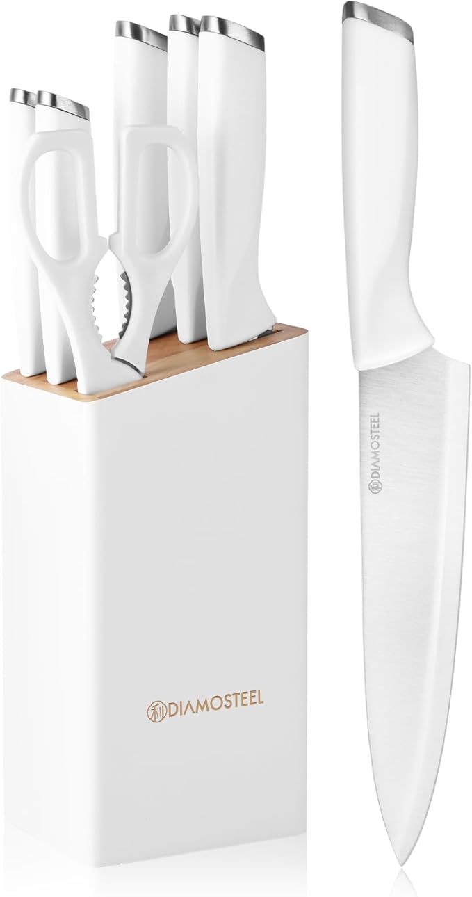 White Knife Set with Block, 7 Pieces Small Knife Block Set with Stainless Steel Blade Ergonomic Handle, Kitchen Knives Set Gifts for chef