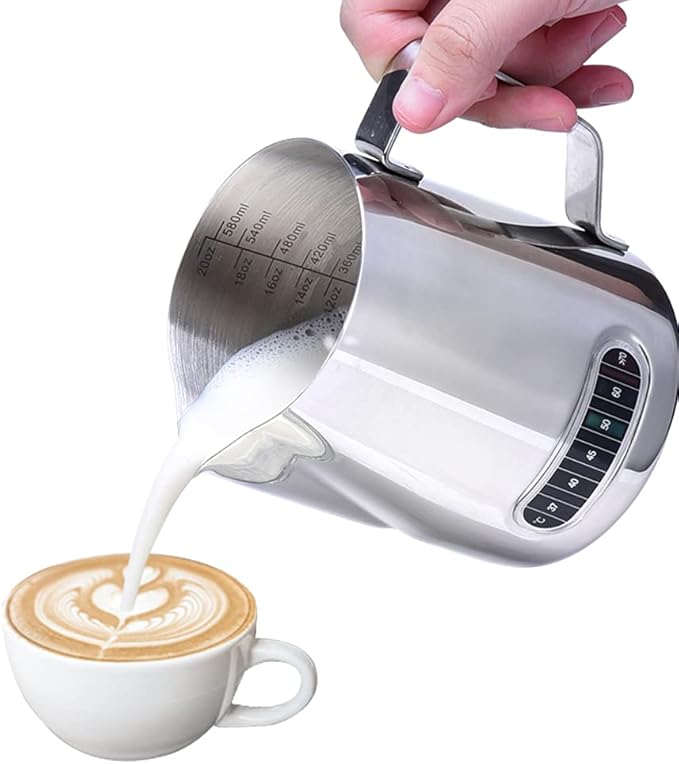 Milk Pitcher, Dailyart Stainless Steel Milk Frothing Pitcher with Thermometer for Coffee, Cappuccino,Espresso,Latte Art(600ml/20oz)