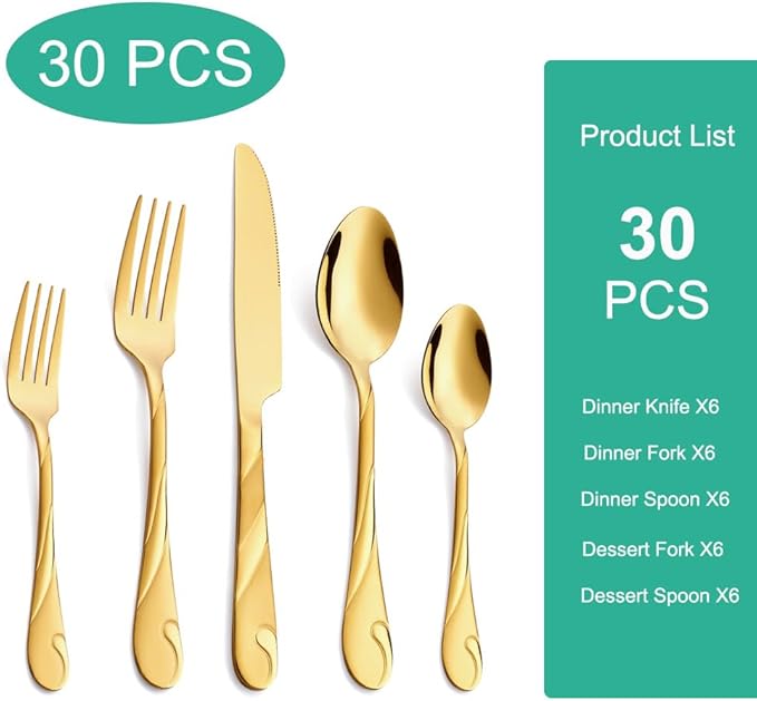 Gold Silverware Set for 6, 30-Piece Stainless Steel Flatware Set, Shiny Gold Metal Cutlery Set, Include Spoon, Fork and Knife Set, Dishwasher Safe