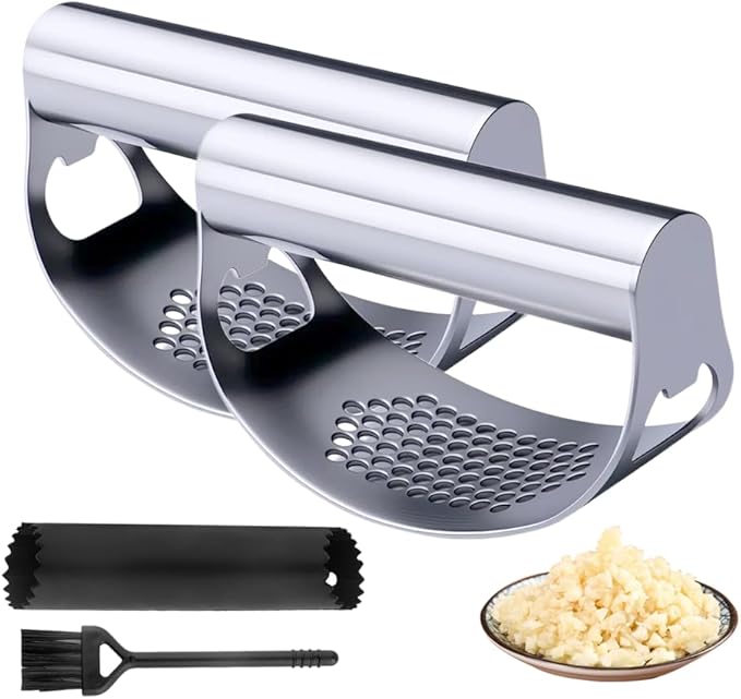 2026 New Garlic Press Rocker, Upgrade Garlic Press Stainless Steel, Portable Manual Stainless Steel Garlic Press Rocker, Innovative Garlic Crusher with Peeler and Scraper (2)